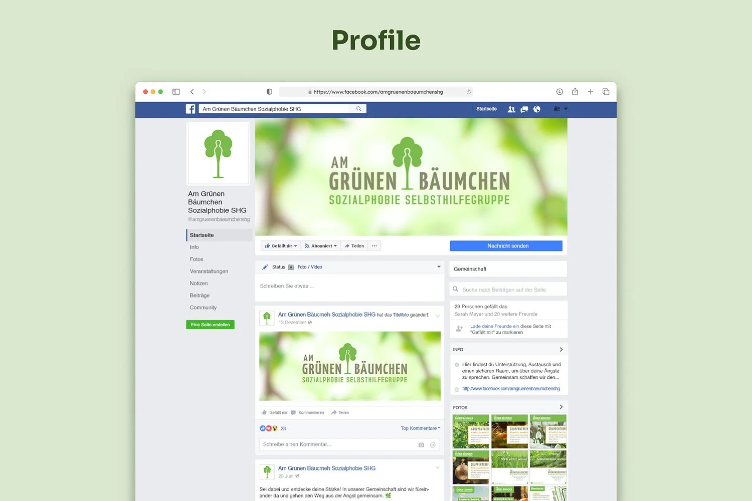 Facebook page for 'Am Grünen Bäumchen', a self-help group focused on social phobia; includes green tree logo, profile picture, cover photo with the group logo and name, and various posts and photos.