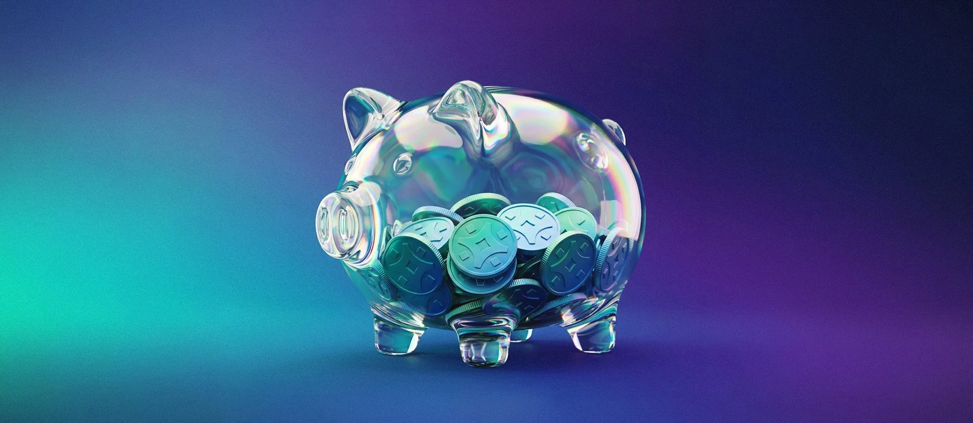 A glass piggy bank shaped like a pig with a translucent, iridescent finish, filled with coins, against a gradient blue to purple background.