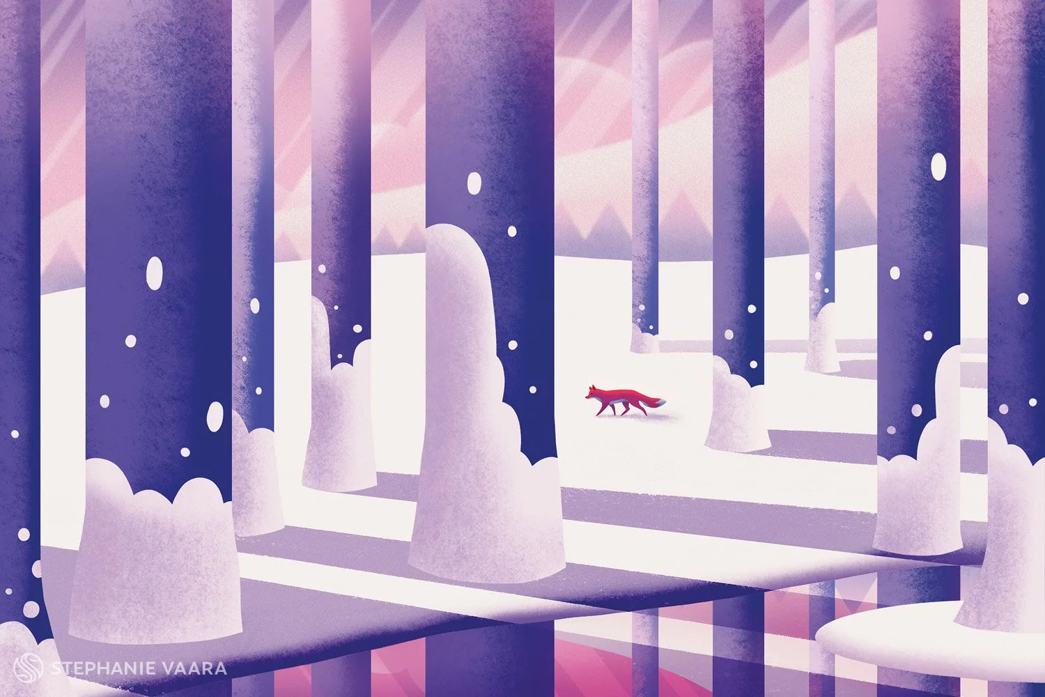 Stylized digital illustration of a snowy forest with tall, purple trees and a red fox walking in the snow.
