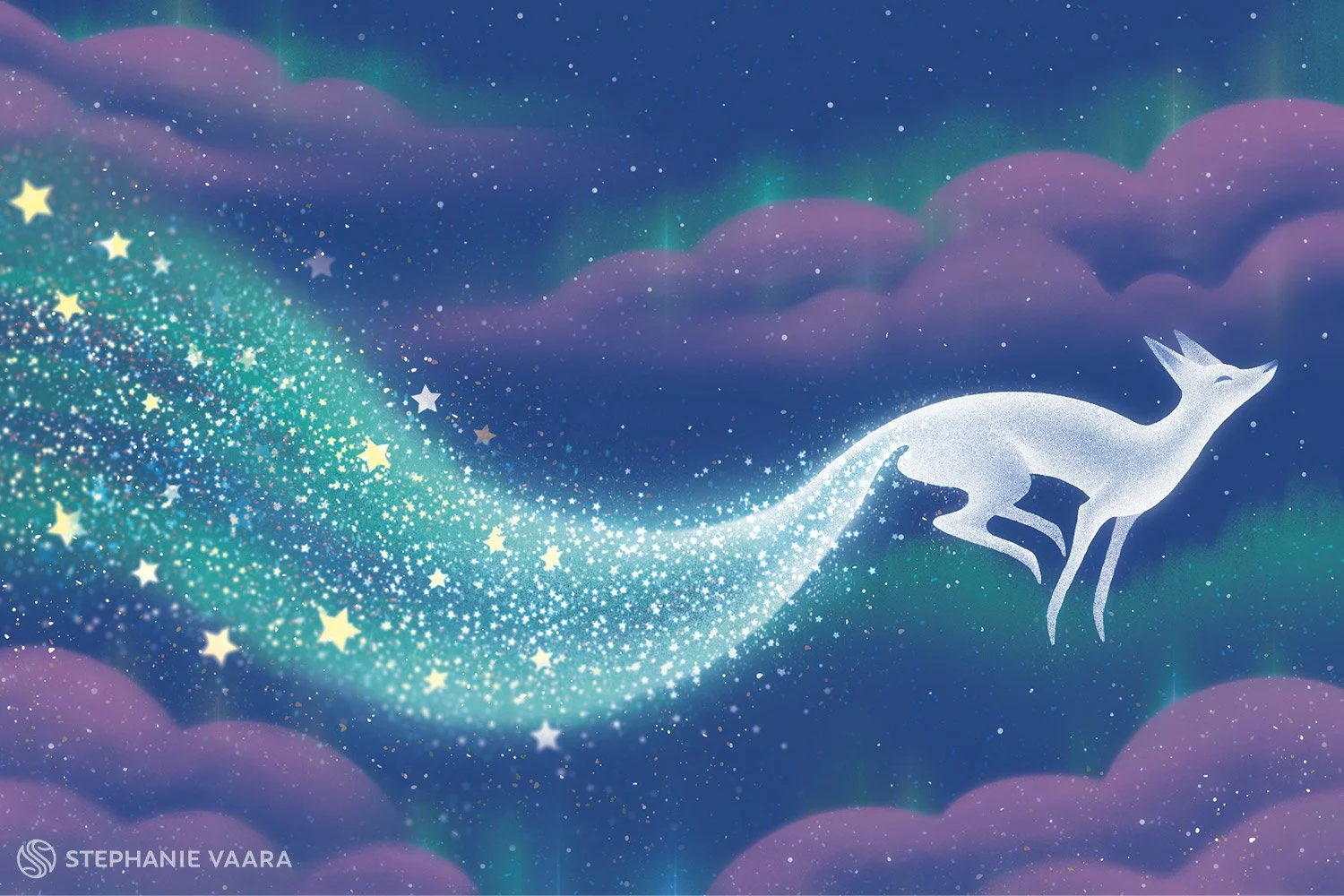 A whimsical illustration of a glowing unicorn-shaped comet with a shimmering trail of stars and sparkles, flying through a dreamy night sky with purple clouds and faint northern lights.