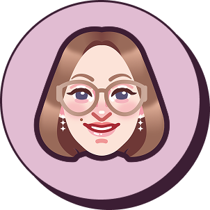 Illustration of a woman with brown hair, glasses, and earrings, smiling, on a purple background.