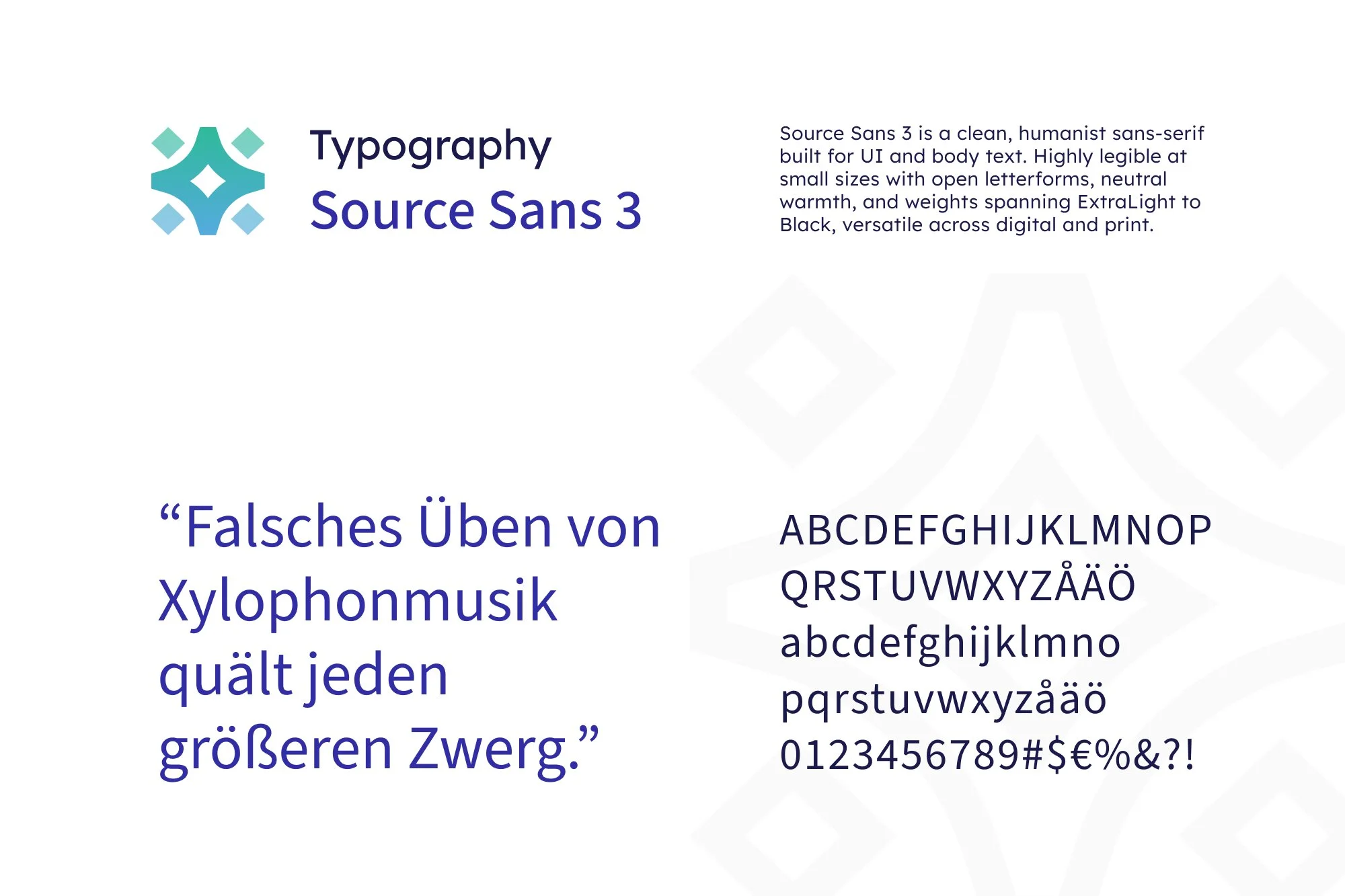 Design sample featuring typography and a logo. The text describes Source Sans 3 font, its attributes, and includes sample alphabet, numbers, and symbols in purple. The background has faint pattern elements.