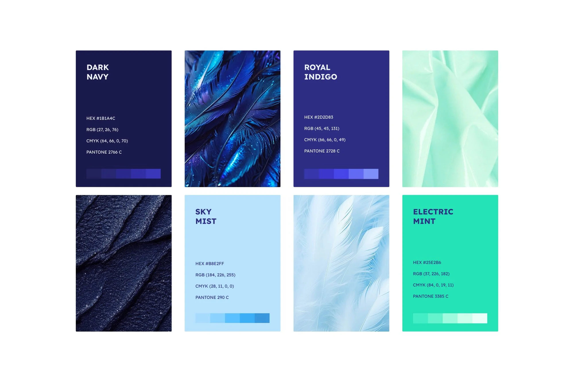A color palette chart with six swatches, each labeled with color names, hex, RGB, CMYK values, and Pantone codes. The colors are dark navy, royal indigo, sky mist, electric mint, and two abstract images of blue feathers and textured surfaces.
