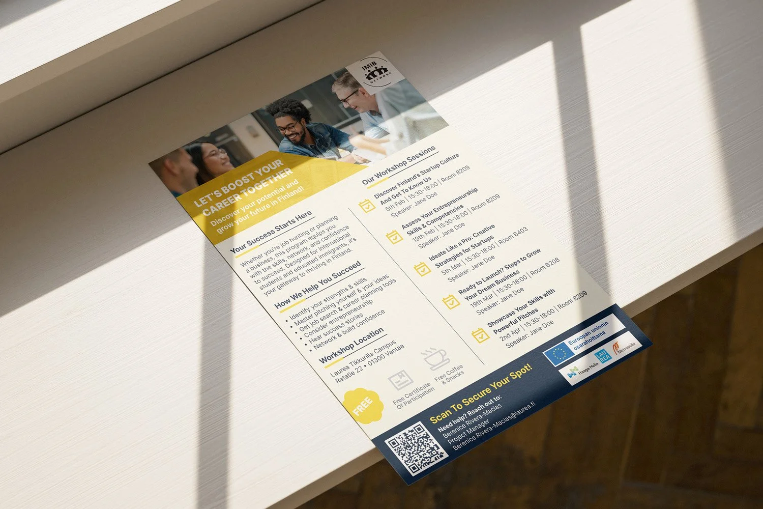 Workshop flyer titled 'Let's Boost Your Career Together' promoting workshops for career development in Finland, featuring images of diverse young professionals and details about sessions, location, and sponsors, including the European Union and Laure