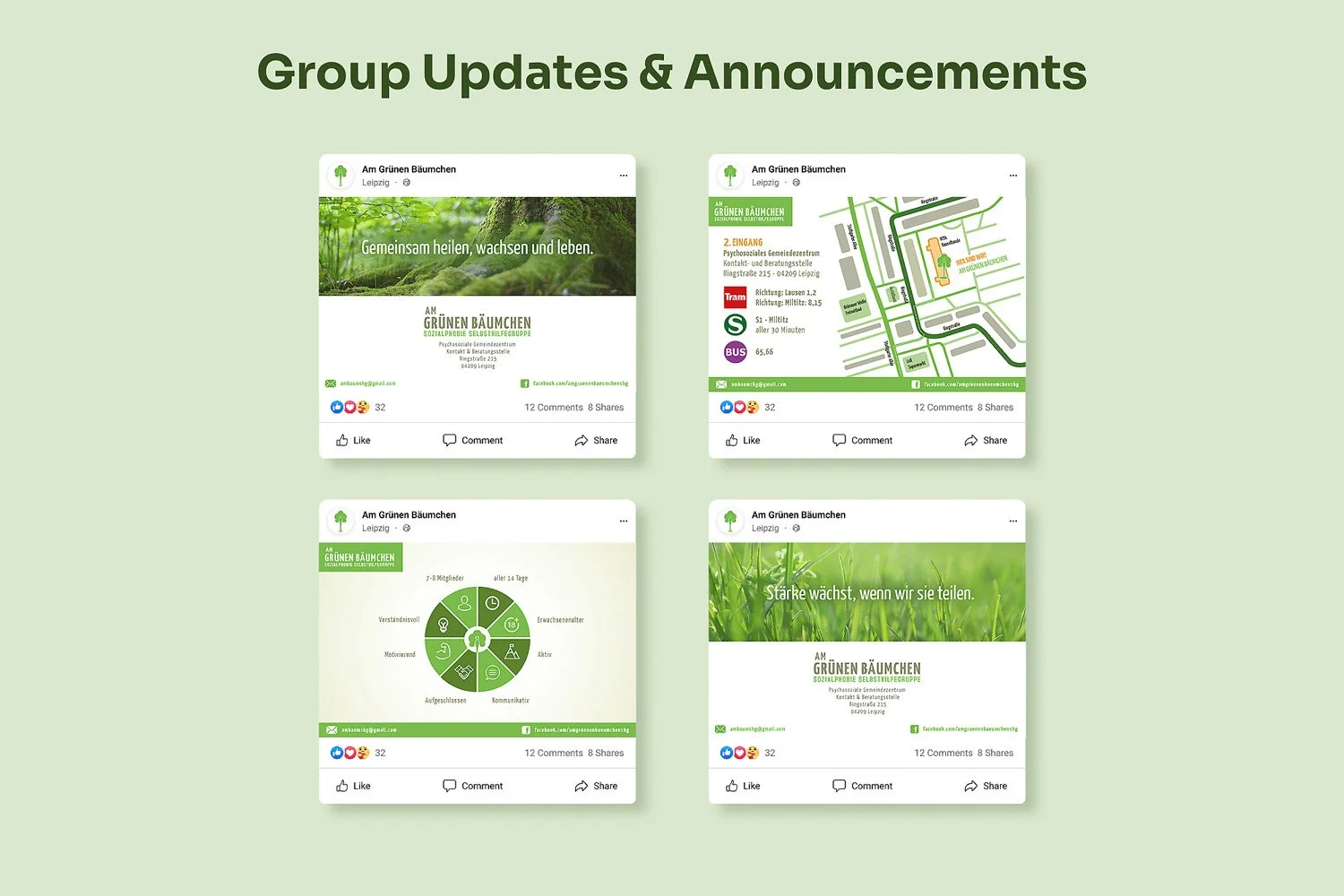 A collage of four social media posts from 'Am Grünen Bäumchen' in Leipzig, featuring green-themed graphics and information about group updates, events, and messages about growth and sharing.
