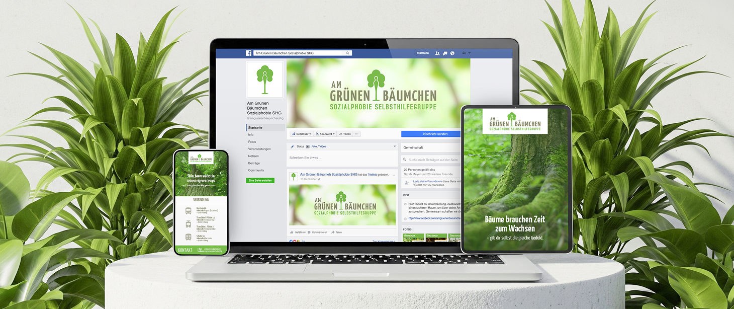 Laptop, tablet, and smartphone displaying Facebook pages for "Am Grünen Bäumchen," a social self-help group focused on tree care and environmental awareness, surrounded by large green houseplants.