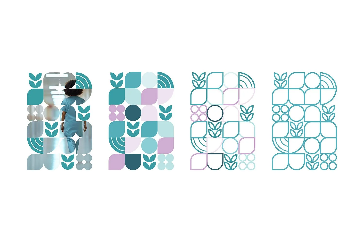 Decorative pattern with geometric shapes and leaf motifs in teal, purple, and black, arranged from a photo of a person in a blue outfit reflected in the pattern.