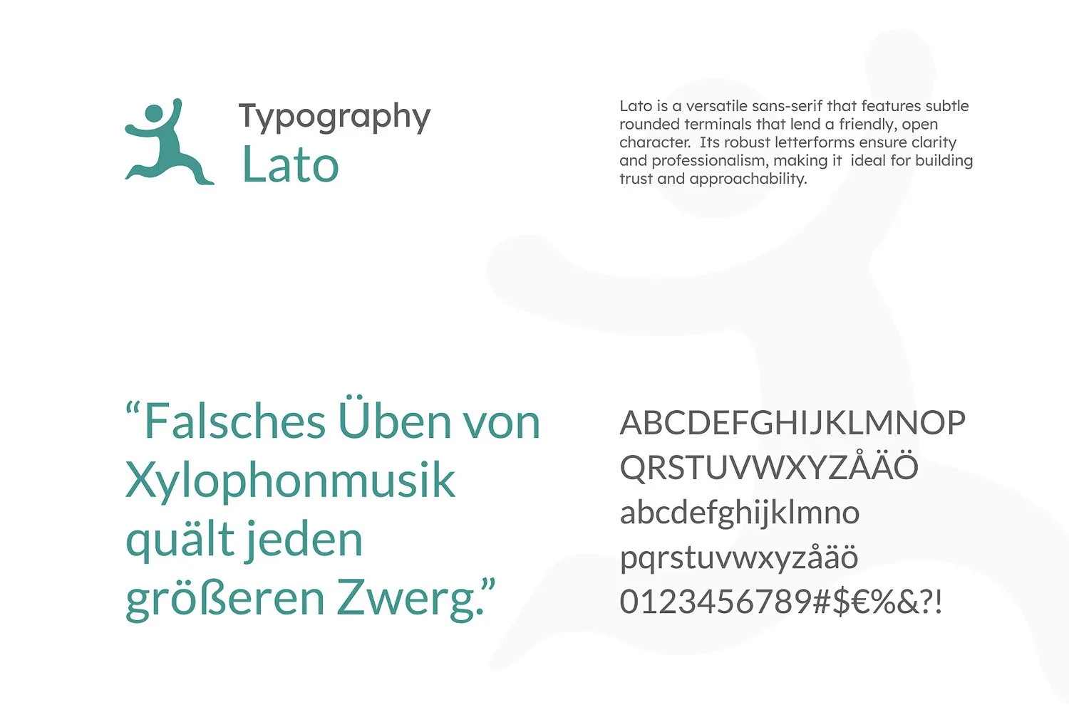 An infographic about typography featuring the font Lato. The infographic explains that Lato is a versatile sans-serif with subtle rounded terminals, ensuring clarity and professionalism. It includes the alphabet in uppercase and lowercase, numbers, a