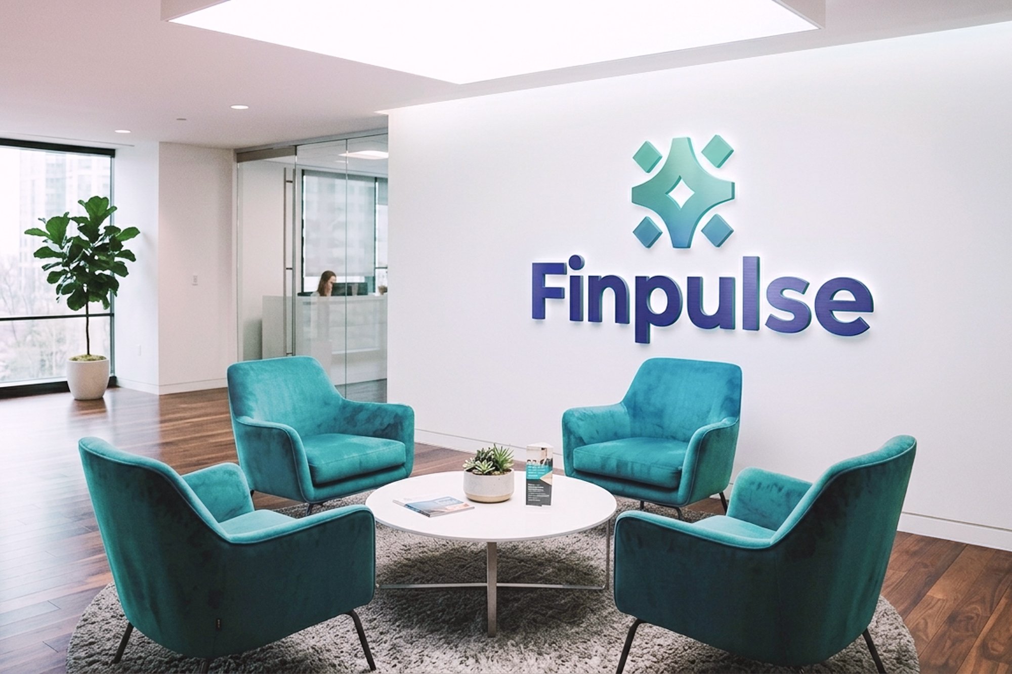 Modern office lobby or waiting area with teal armchairs arranged around a small round table with a plant and informational materials. The wall features a logo with the text 'finpulse.' Large windows and an interior reception desk are visible in the b