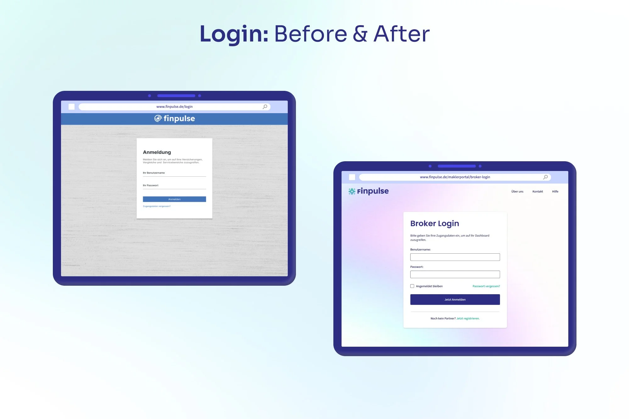 Comparison of two login screens for Finpulse, showing a 'Before' version on the left with a simple text-based login form, and an 'After' version on the right with an updated, more modern design including fields for username and password, a 'Stay logg