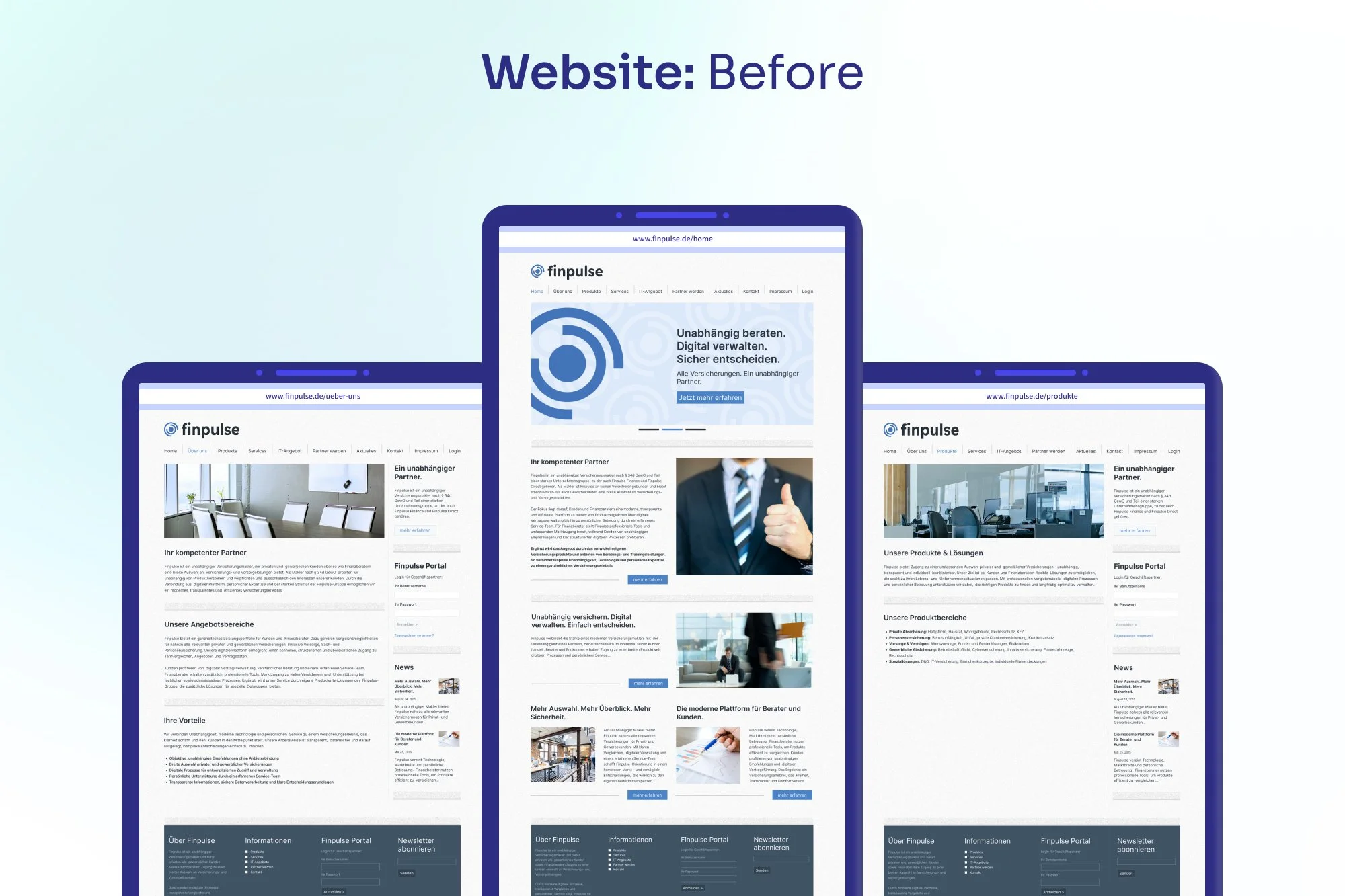 Comparison of website design before, showing three computer screens with different homepage layouts of the same website, finpulse, in German.