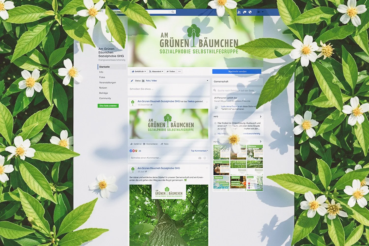 A Facebook page for 'Am Grünen Bäumchen,' a social self-help group, is displayed on a computer screen with a background of green leaves and white flowers.