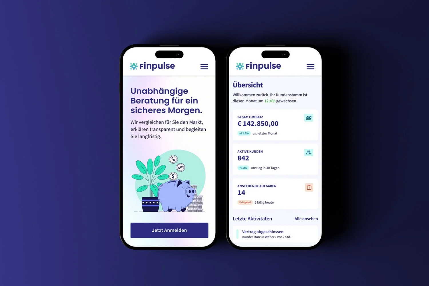 Two smartphones displaying the Finpulse app, with screens showing financial overview, including total revenue of €142,850, active customers, and pending tasks, against a dark blue background.