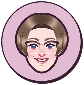 Illustration of a woman with glasses, brown hair, and a smile, against a purple circular background.