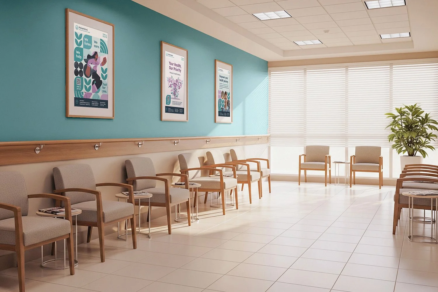 Empty waiting room with beige chairs, small side tables, large window with blinds, and framed posters on a teal wall.