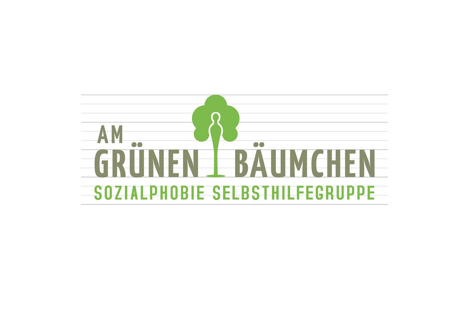 Logo with a stylized tree with a human figure integrated into the trunk. Text reads 'Am Grünen Bäumchen' and 'Sozialphobie Selbsthilfegruppe' in green and gray letters.