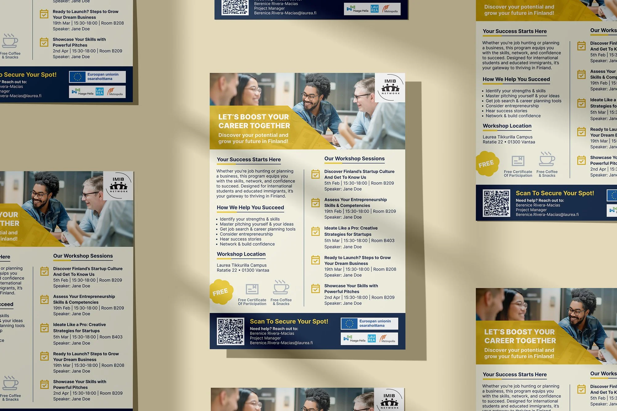 Flyers and posters in Finnish and English promoting career workshops and events for aspiring entrepreneurs and students, with dates, times, locations, and speaker information, including QR codes for registration.