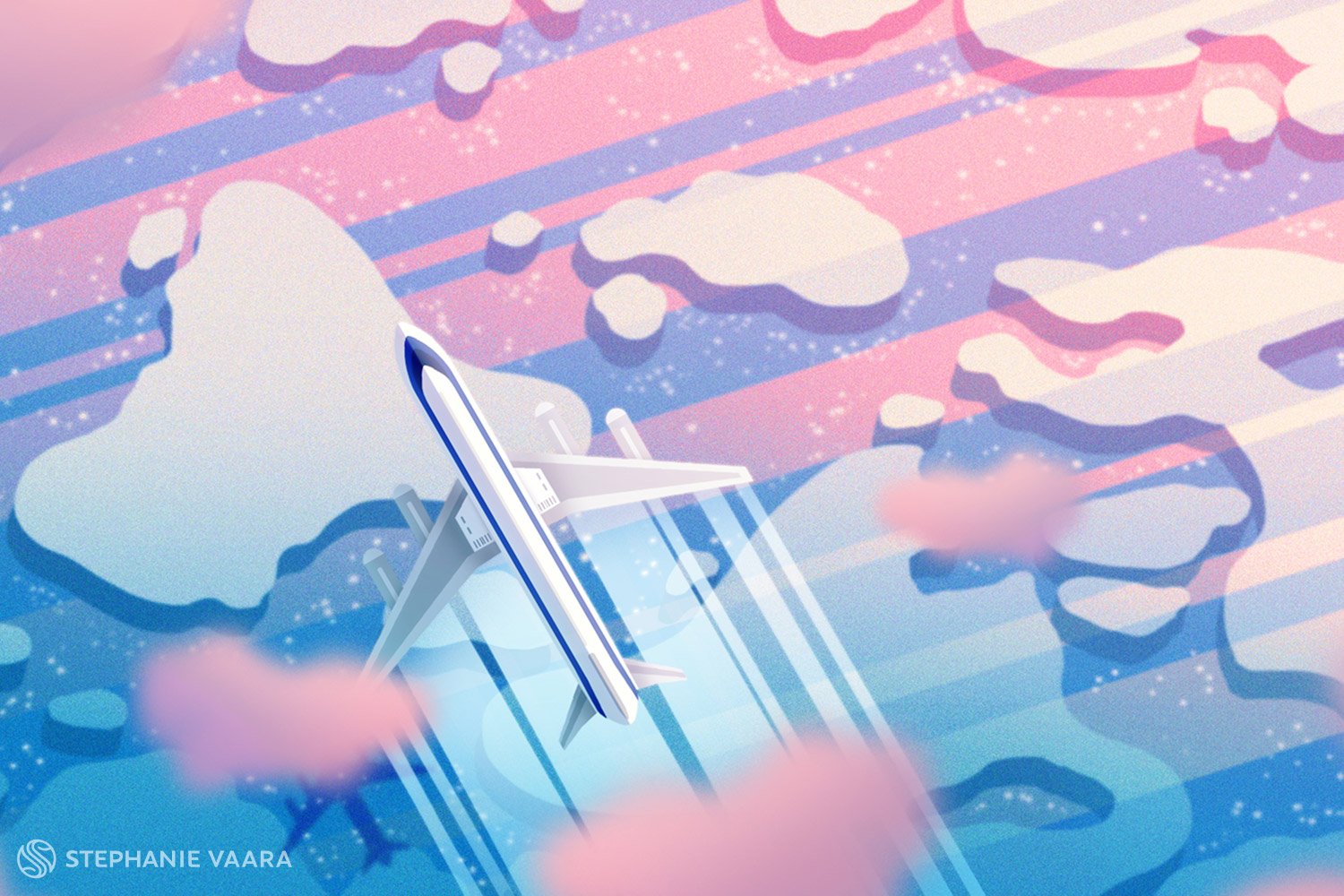 Digital illustration of an airplane flying above clouds, with a pink and blue sky background.
