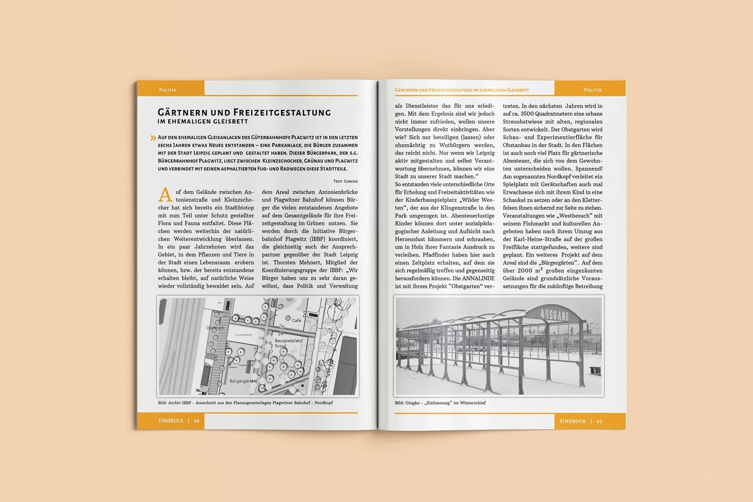 An open magazine or booklet with German text about gardening and leisure activities in a former city bed. The left page features a map or floor plan with a caption, and the right page shows a black-and-white photo of a snow-covered bus shelter with a