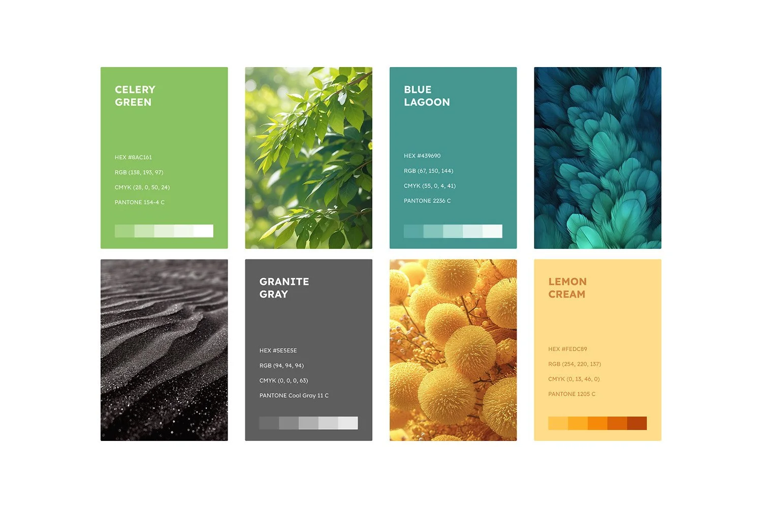 Color palette chart with six color swatches labeled: celery green, blue lagoon, granite gray, lemon cream, with associated color info and images of leaves, feathers, sand, and a floral pattern.