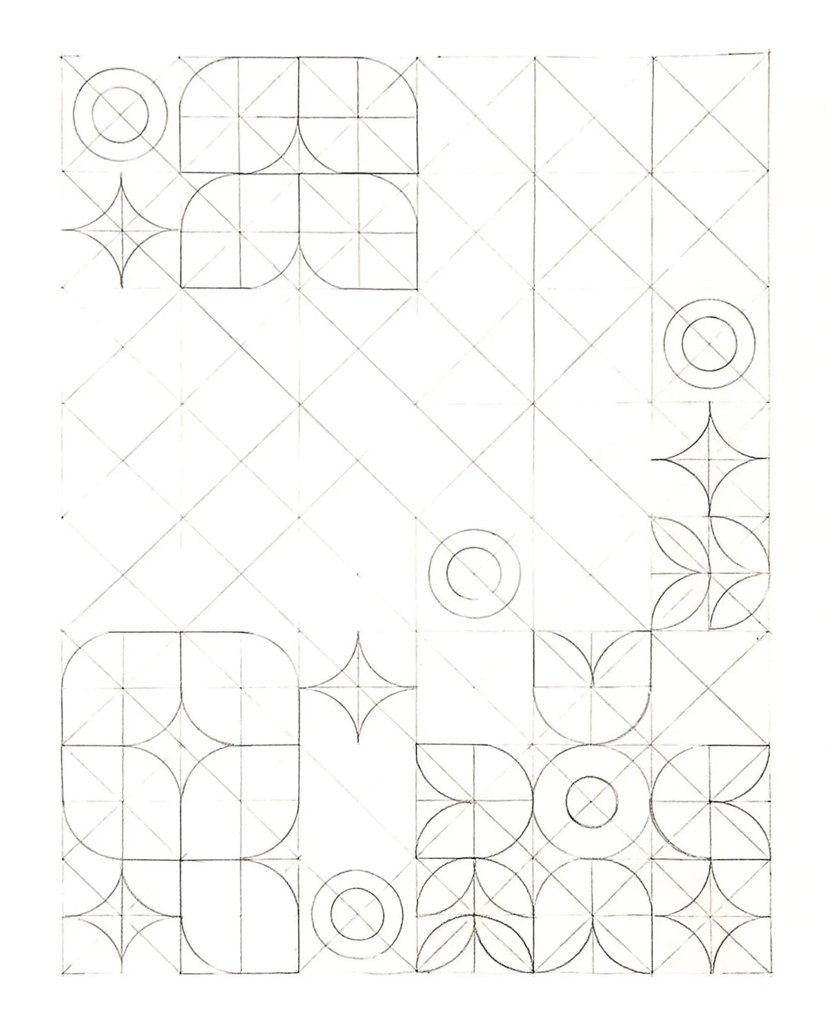 A detailed geometric design with various shapes, including circles, squares, and star-like patterns, arranged in a symmetrical and intricate pattern.