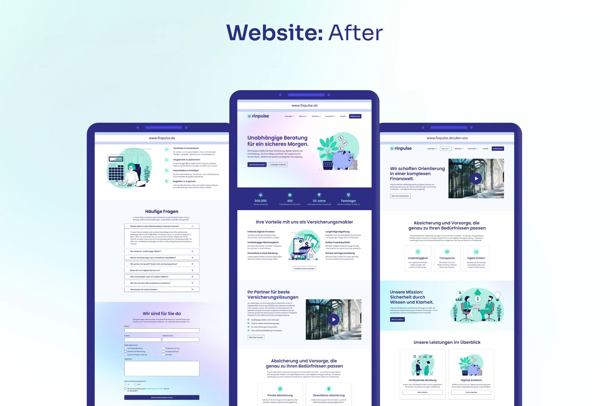 Three computer screens displaying the after version of a financial services website, featuring company information, services, FAQs, and visuals.