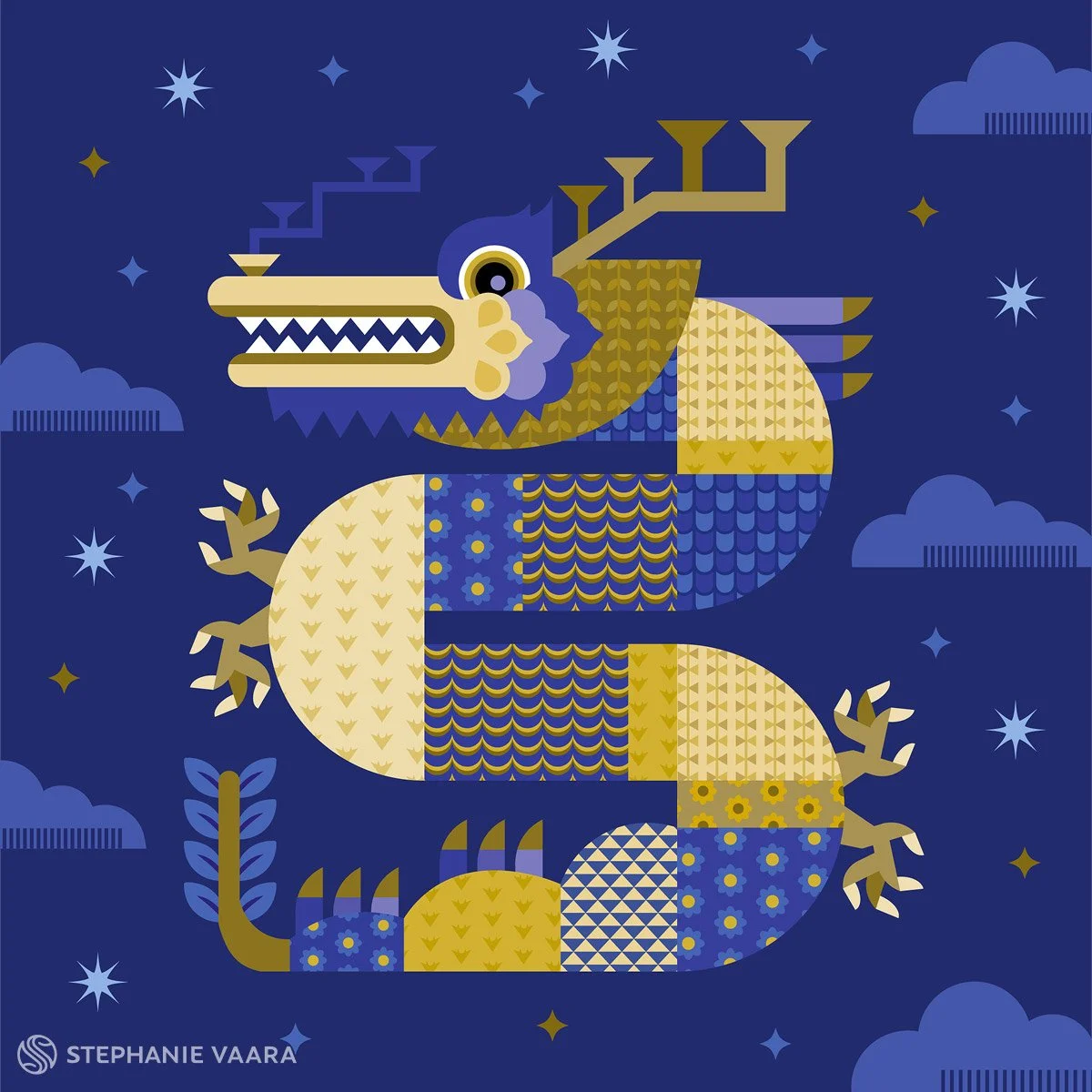 Stylized geometric illustration of a dragon in shades of blue and gold against a night sky with stars and clouds.