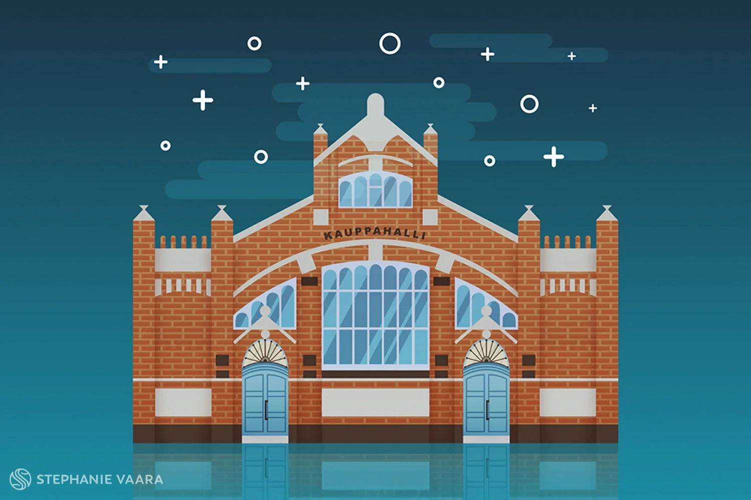 Illustration of a historic red brick building with blue doors and windows, labeled 'Kauppahalli', set against a nighttime sky with clouds and stars reflected in water.