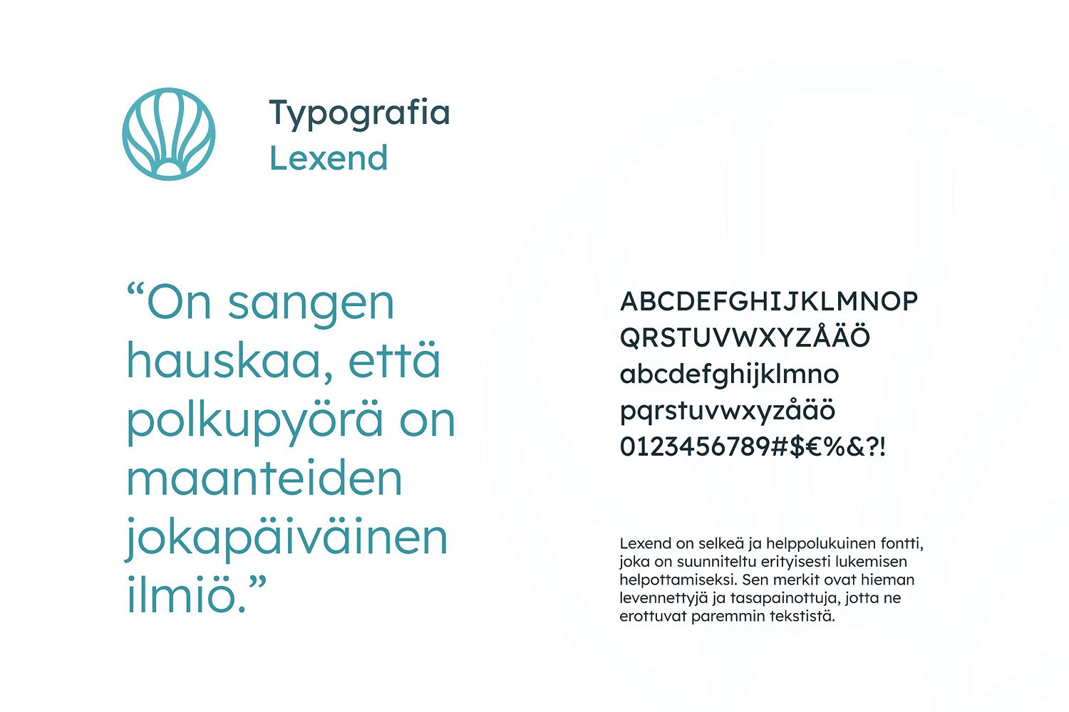 A design showcasing typography named Lexend, including sample text in Finnish, the alphabet, numbers, and special characters, with a description of the font's readability and balanced design.