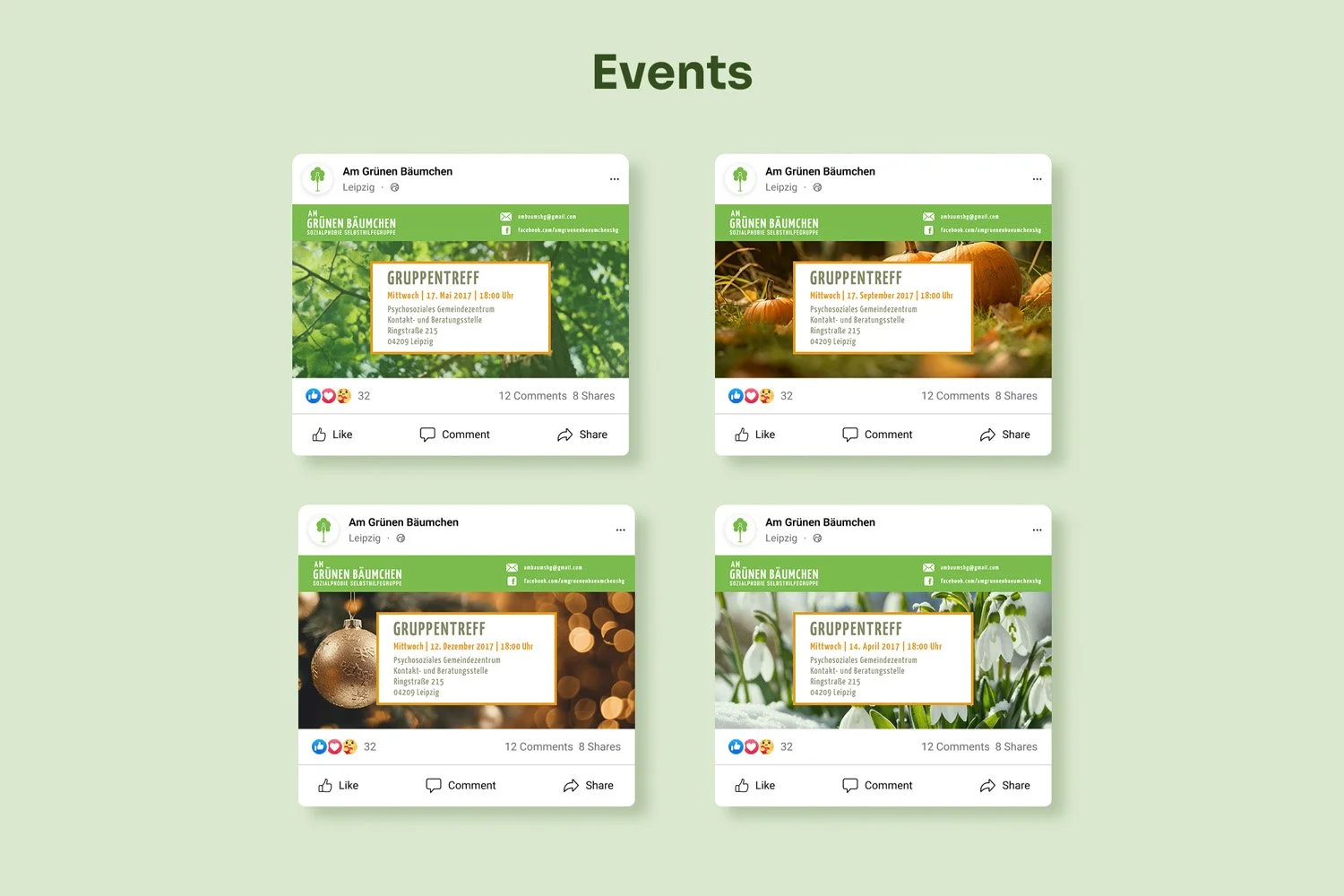 A collage of four social media event posts featuring green-themed backgrounds, each displaying event details for a community group in Leipzig with dates ranging from April to December 2017.