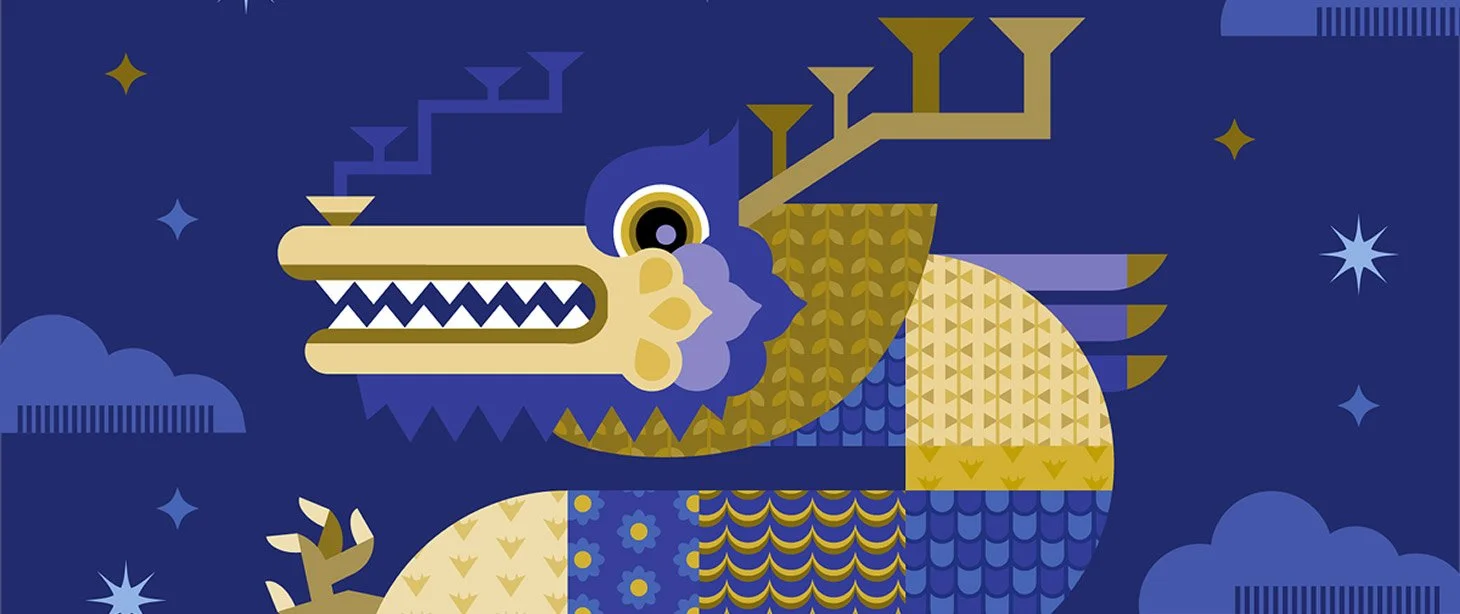 Stylized geometric dragon with yellow, blue, and gold details against a starry night background.