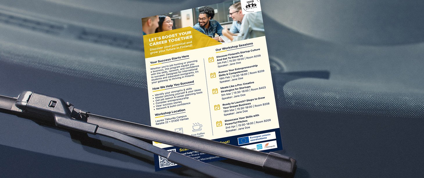 Flyer promoting workshops to boost career and startup culture, featuring details about sessions on entrepreneurship, startup strategies, and skills development, with a picture of diverse people smiling and engaging in discussion.