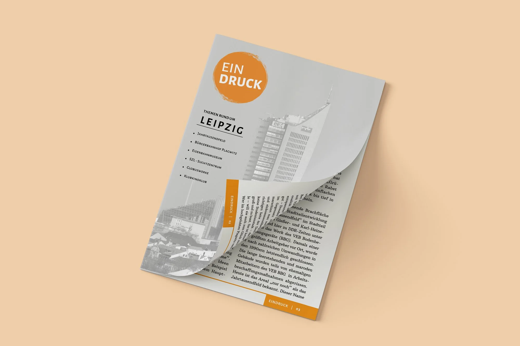 A BPA-free printed brochure with the title 'EIN DRUCK' in an orange circle, listing topics about Leipzig, including landmarks and history, with a faded cityscape in the background.