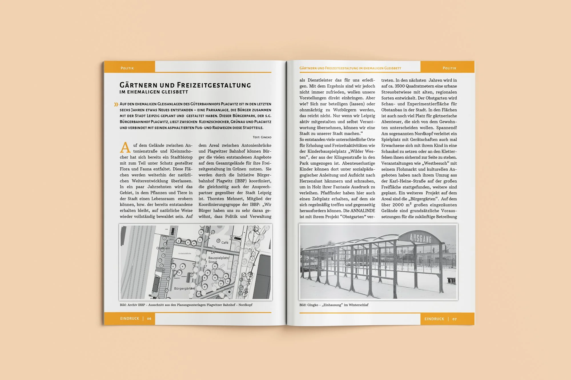 Open magazine showing an article in German about garden and leisure activities at a former railway yard, with a map diagram on the left page and a black-and-white photo of a bus shelter on the right page.