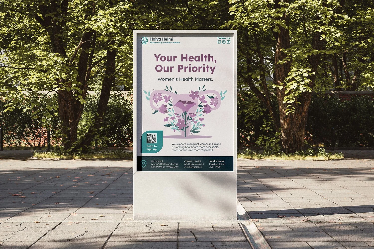 Outdoor advertisement for Hoiva Helmi women’s healthcare service, featuring a stylized illustration of female reproductive organs with floral design, QR code for sign up, contact information, and service hours.