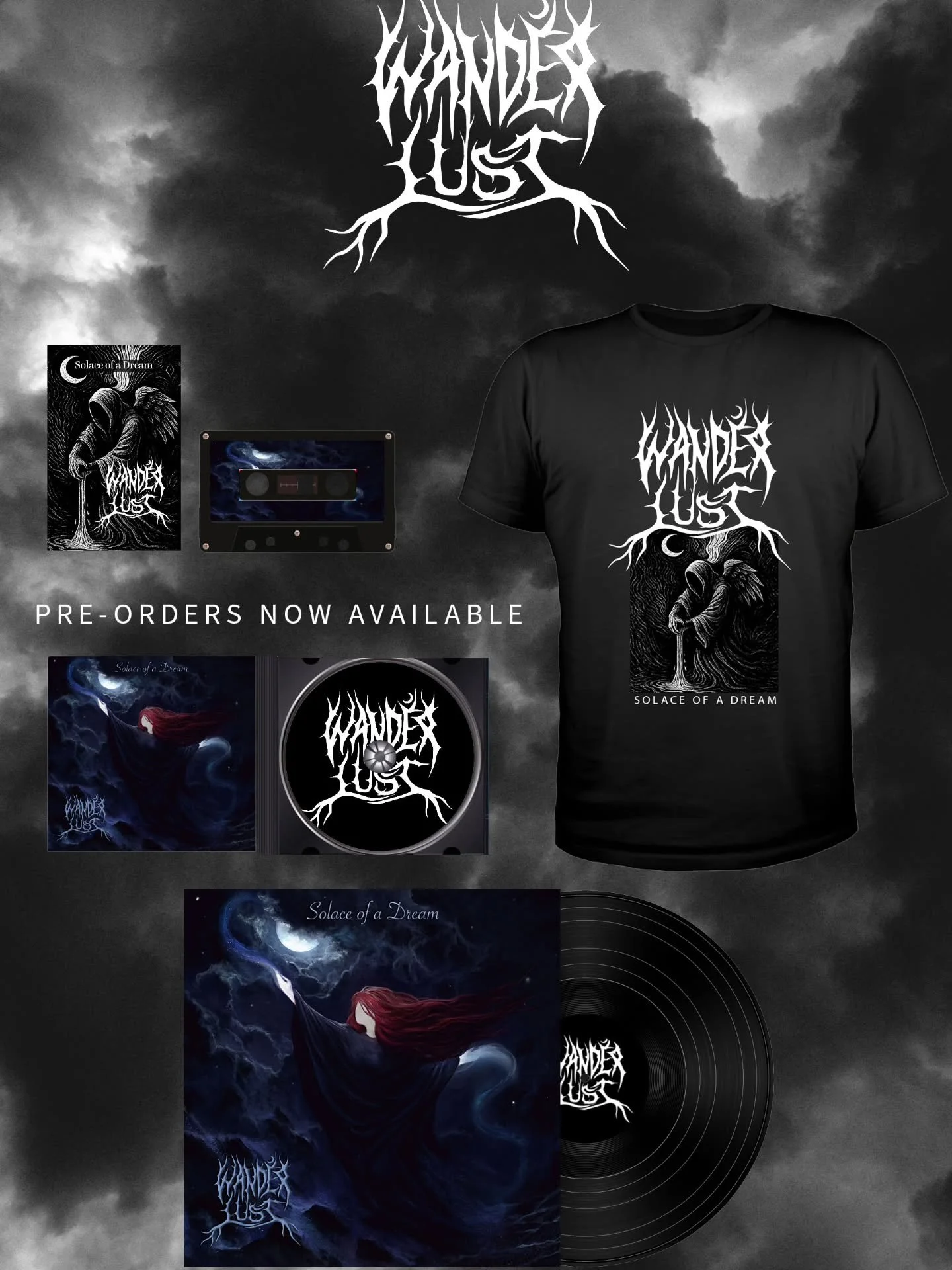 Pre-orders now available! Just shoot us a DM on IG to reserve your merch. Limited Edition Tapes and Vinyl will go fast make sure you reserve your copy before they're all gone. There will be no reprints.

Solace of a Dream T-Shirts- $20
CDs- $15
Casse
