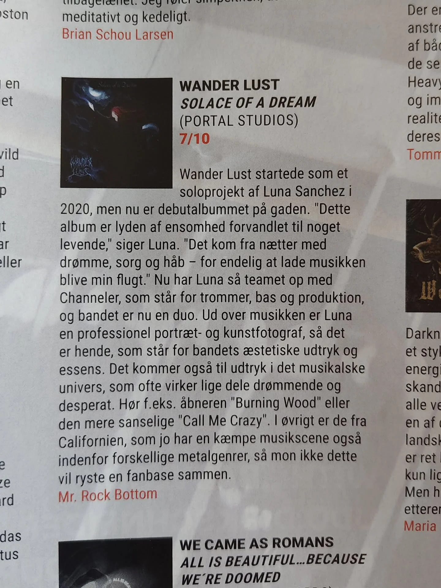 Thank you #metalized magazine from Denmark for giving Solace of a Dream a 7 out of 10!

Written by Mr. Rock Bottom

Wander Lust started as a solo project by Luna Sanchez in 2020, but now the debut album is out. &quot;This album is the sound of loneli