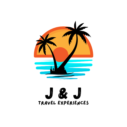Logo with a sunset, palm trees, and water, featuring the text 'J & J Travel Experiences'.