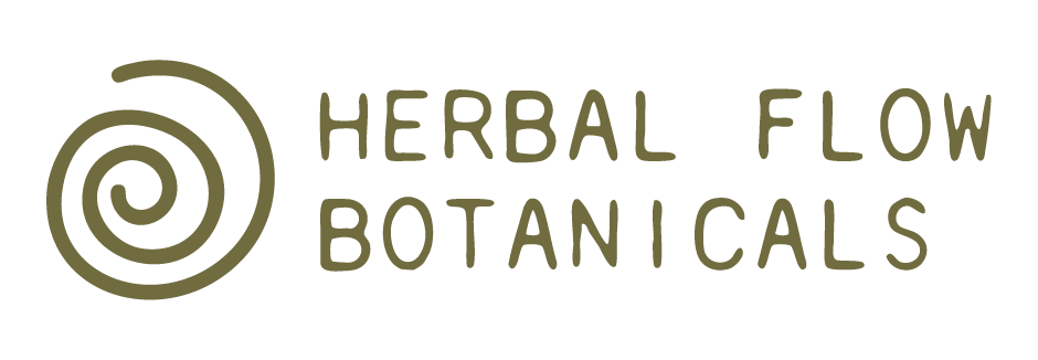 Herbal Flow Botanicals logo featuring a spiral design and the company name in earthy green text.