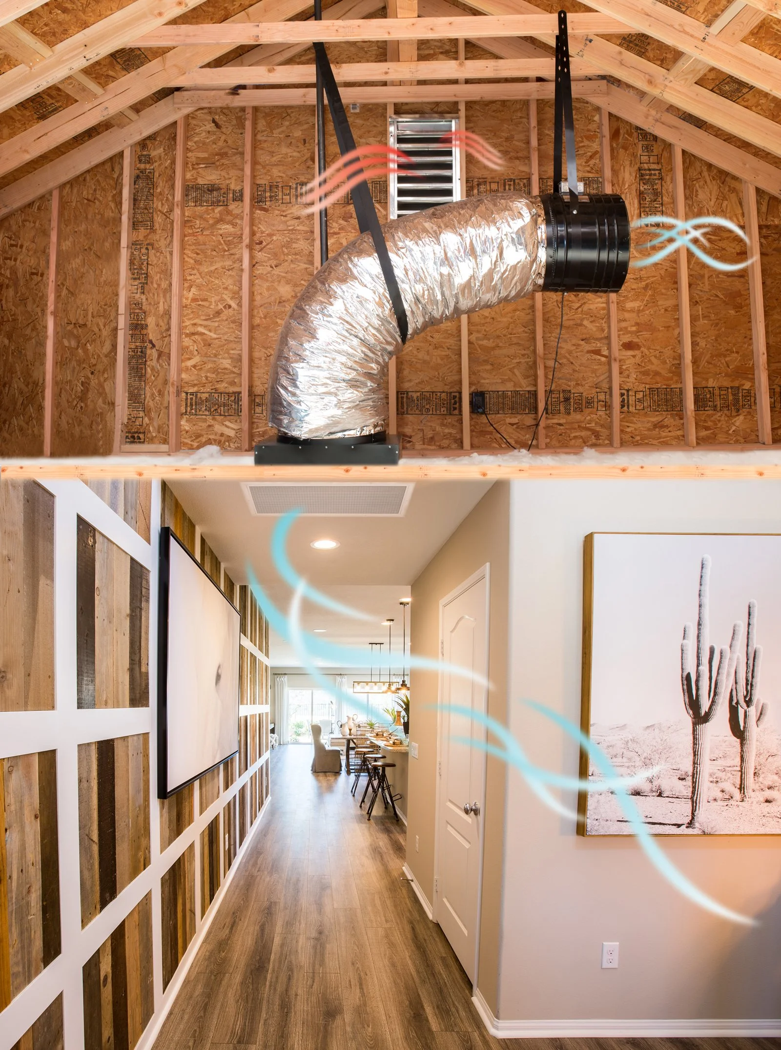 Comparison of a house's attic during construction with an air vent and ductwork at the top, and a finished hallway with wood flooring, wall art, and a dining area at the bottom. QuietCool Whole House Fan San Diego