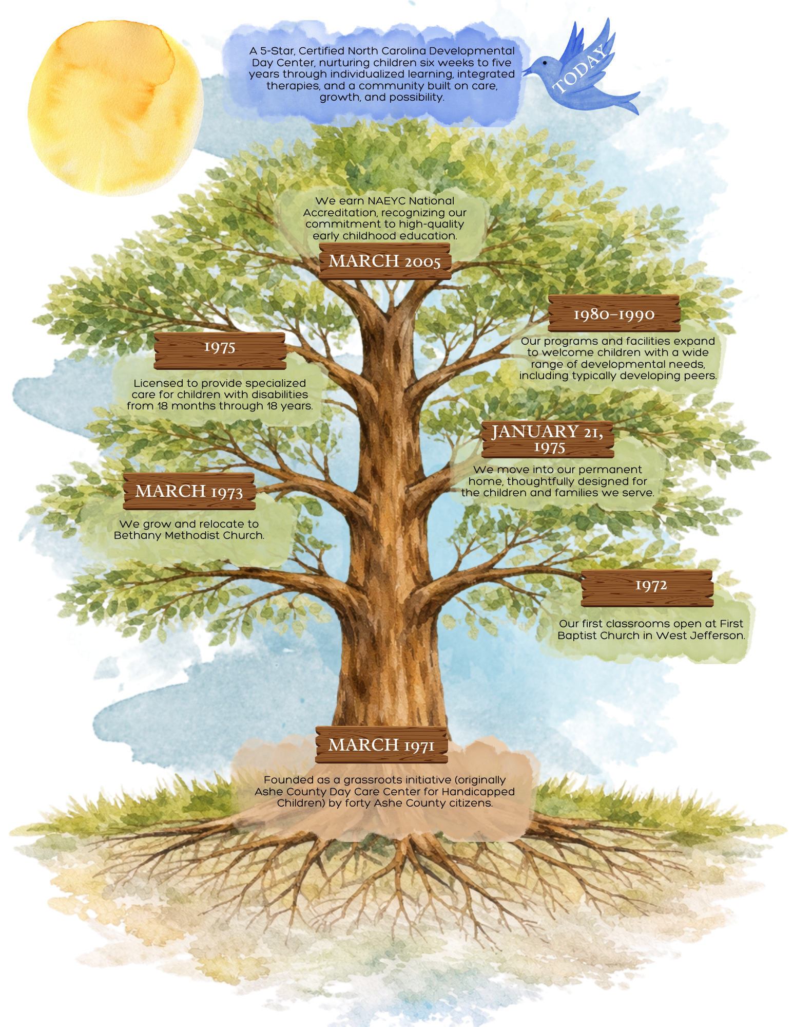 A detailed illustrated timeline tree showing the history of a childcare organization. The tree has several branches labeled with dates and descriptions of milestones, starting from March 1971 at the roots, including opening classrooms in 1972, relocating to Bethany Methodist Church in 1973, founding as a grassroots initiative in 1971, getting licensed in 1975, expanding programs in 1980-1990, earning accreditation, and reaching a five-star certification in 2005. The background features a bright sun and a small bird with a banner reading 'Today'.