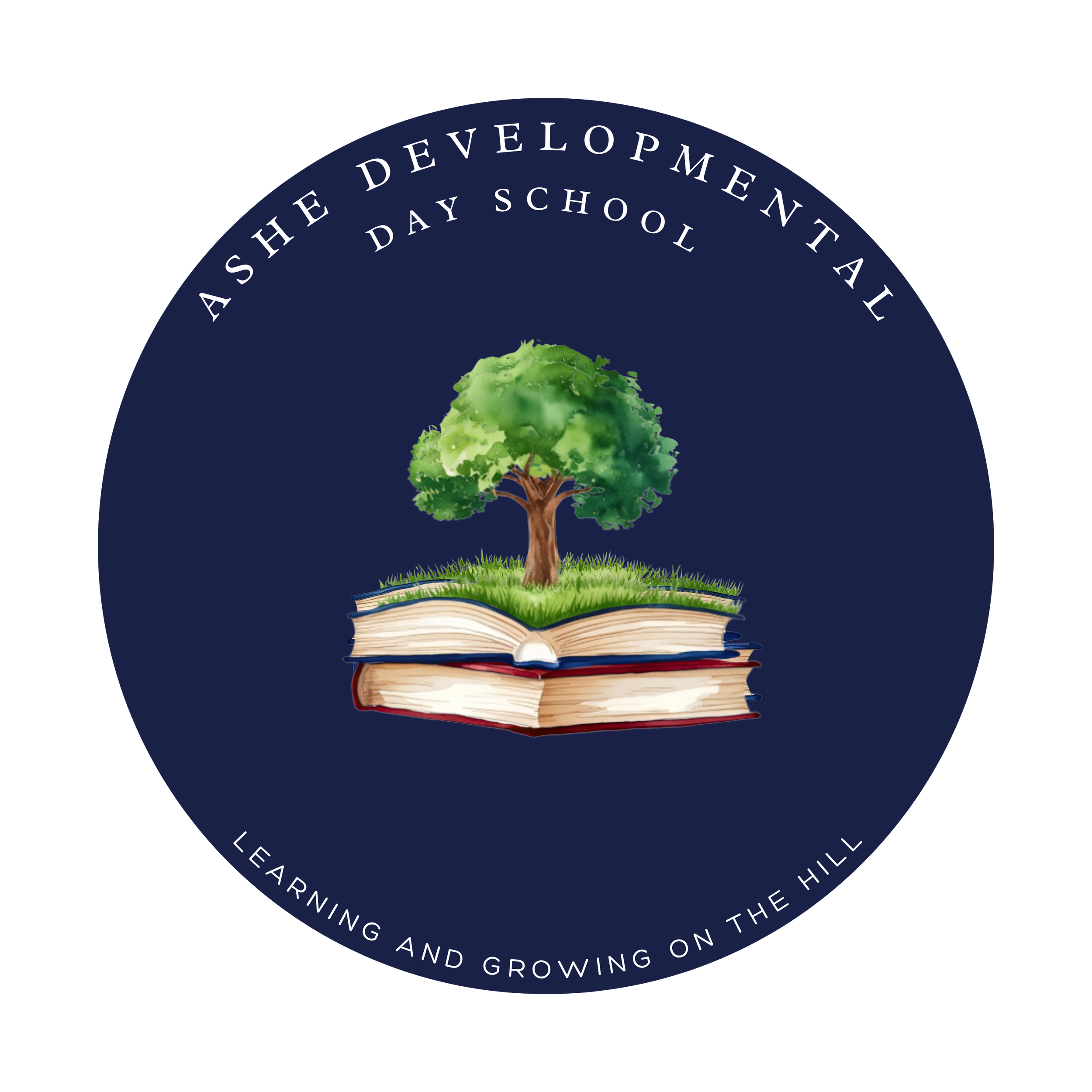 Logo for Ashe Development Day School featuring an open book with grass and a tree growing on top, with the school's name and motto encircling the image.