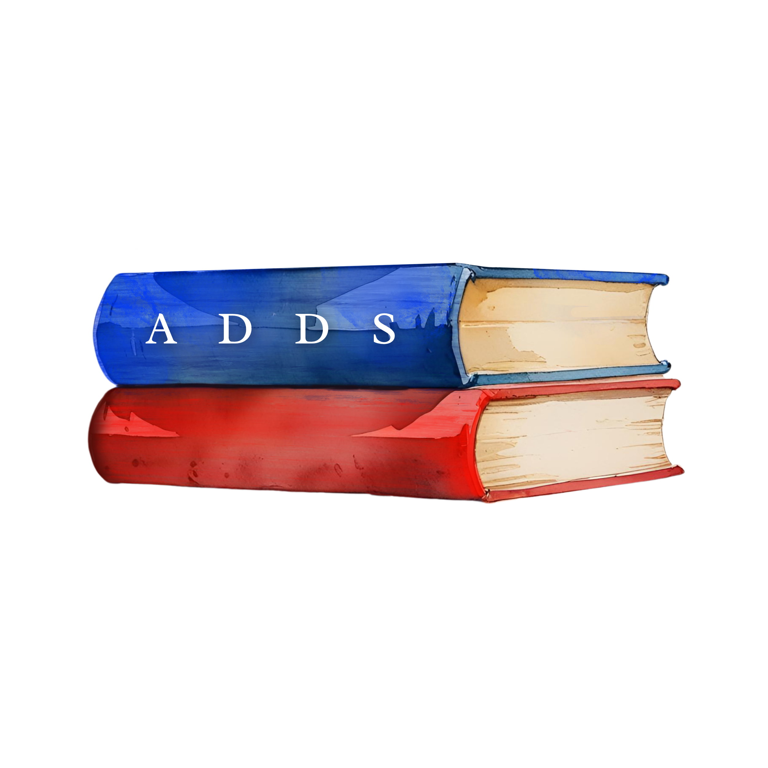 Two hardcover books stacked horizontally, with one having a blue cover labeled 'ADDS' and the other a red cover, both with visible pages inside.