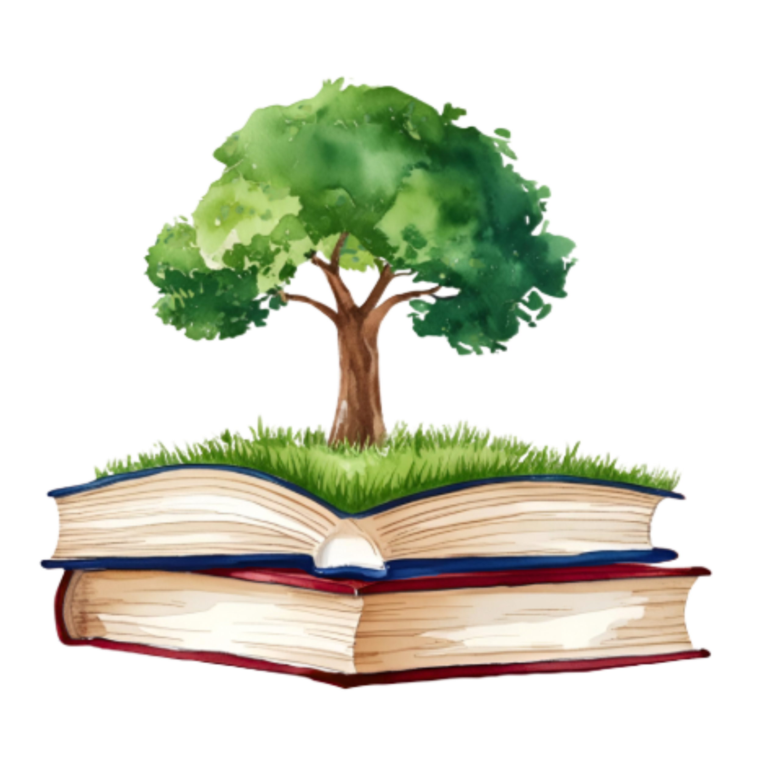 A watercolor illustration of an open book with green grass and a tree growing on top of its pages.
