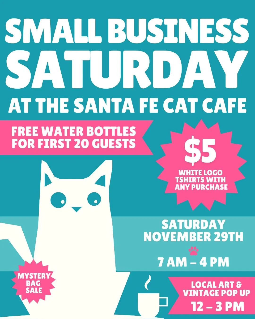 🐾🛍 Small Business Saturday at the Santa Fe Cat Cafe! 🛍🐾

Shop small, sip something cozy, and spend time with our adoptable cats this Saturday! We&rsquo;re celebrating with a little bit of everything.

✨ Here&rsquo;s what&rsquo;s happening

⭐️ Fre
