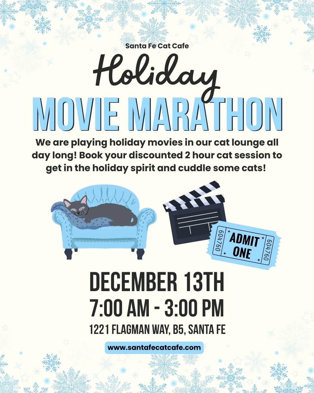 🎬🐾 Holiday Movie Marathon at the Santa Fe Cat Cafe 🎄

We&rsquo;re playing festive favorites in our cat lounge all day long on Saturday, December 13th from 7:00 am &ndash; 3:00 pm &mdash; the coziest way to cuddle cats and get into the holiday spir