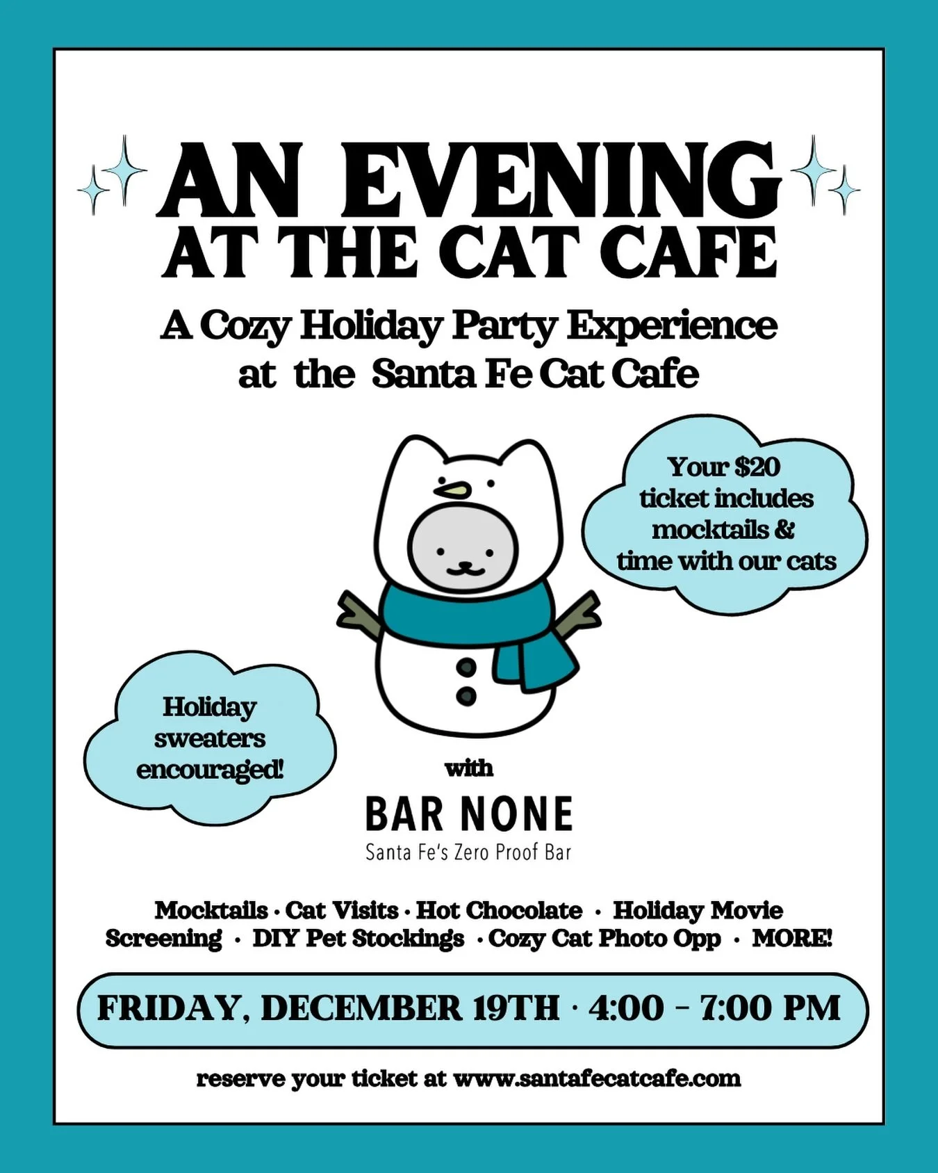 ✨🎄🐱 An Evening at the Santa Fe Cat Cafe 🐱🎄✨

Our cozy holiday party is almost here and it&rsquo;s truly the cutest way to celebrate the season in Santa Fe 🐾⭐️

Join us Friday, December 19th &middot; 4&ndash;7 PM for a festive night of:

🍸 Holid