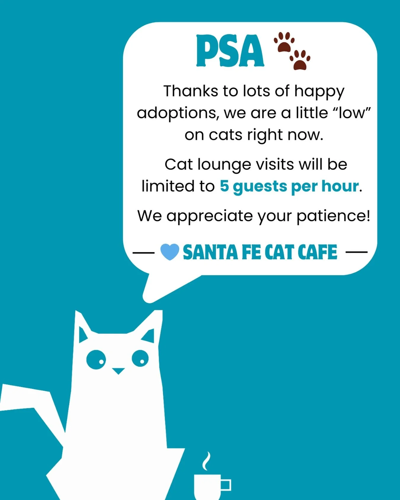 PSA from The Santa Fe Cat Cafe 🐾

Thanks to lots of happy adoptions, we&rsquo;re a little low on cats right now.

Cat lounge visits are limited to 5 guests per hour until further notice.

Thanks so much for your patience &amp; support! 💙

📍1221 Fl