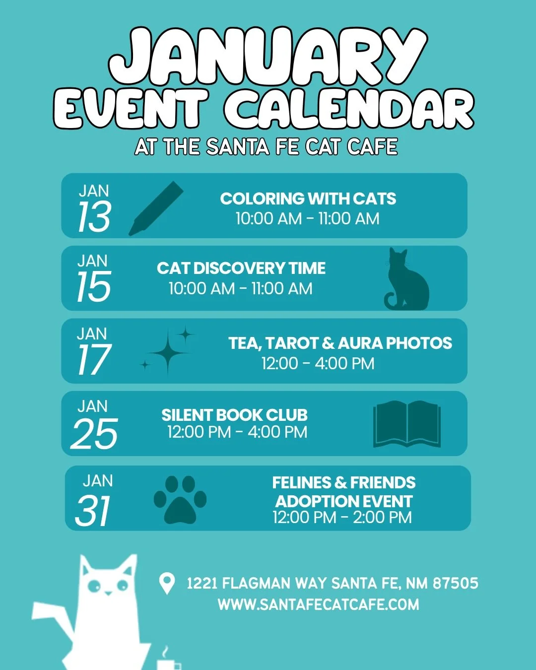 January at the Santa Fe Cat Cafe 🐱✨

We&rsquo;ve got a cozy mix of special events this month! Here&rsquo;s what&rsquo;s coming up ⬇️

🎨 Coloring with Cats
Tuesday, January 13 | 10:00&ndash;11:00 am
Slow down and celebrate the New Year with cat mand