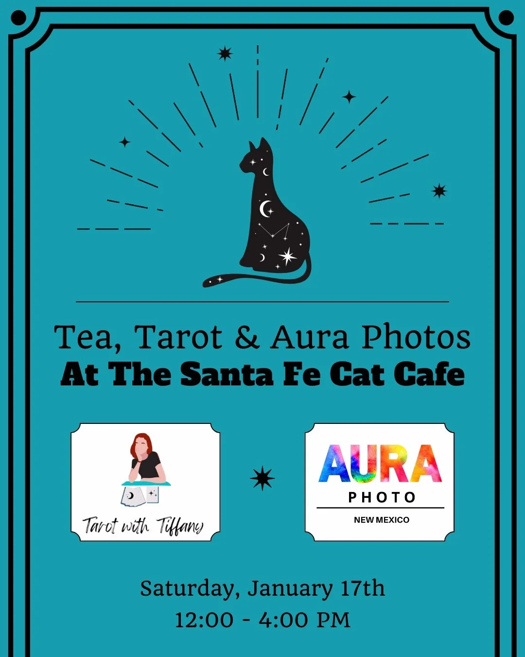 An afternoon of tea, tarot, aura photos, and cats 🐱🔮✨

Join us at the Santa Fe Cat Cafe on Saturday, January 17th from 12:00 - 4:00 pm for tarot readings with @tiffanylynncross and aura photography with @auraphotonm 🙀

Tiffany Cross has been readi